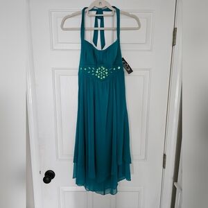 Trixxi Teal Halter High Low Dress with Embellishments